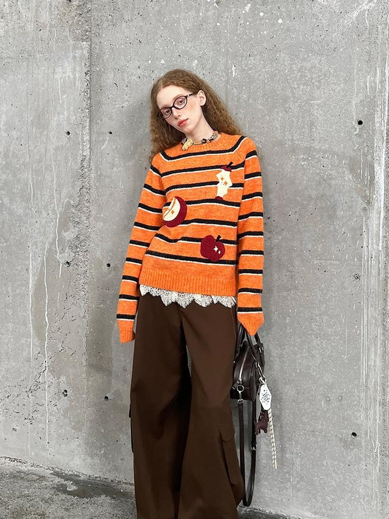 DIDDI MODA Vintage Apple Embroidered Striped Mohair Sweater