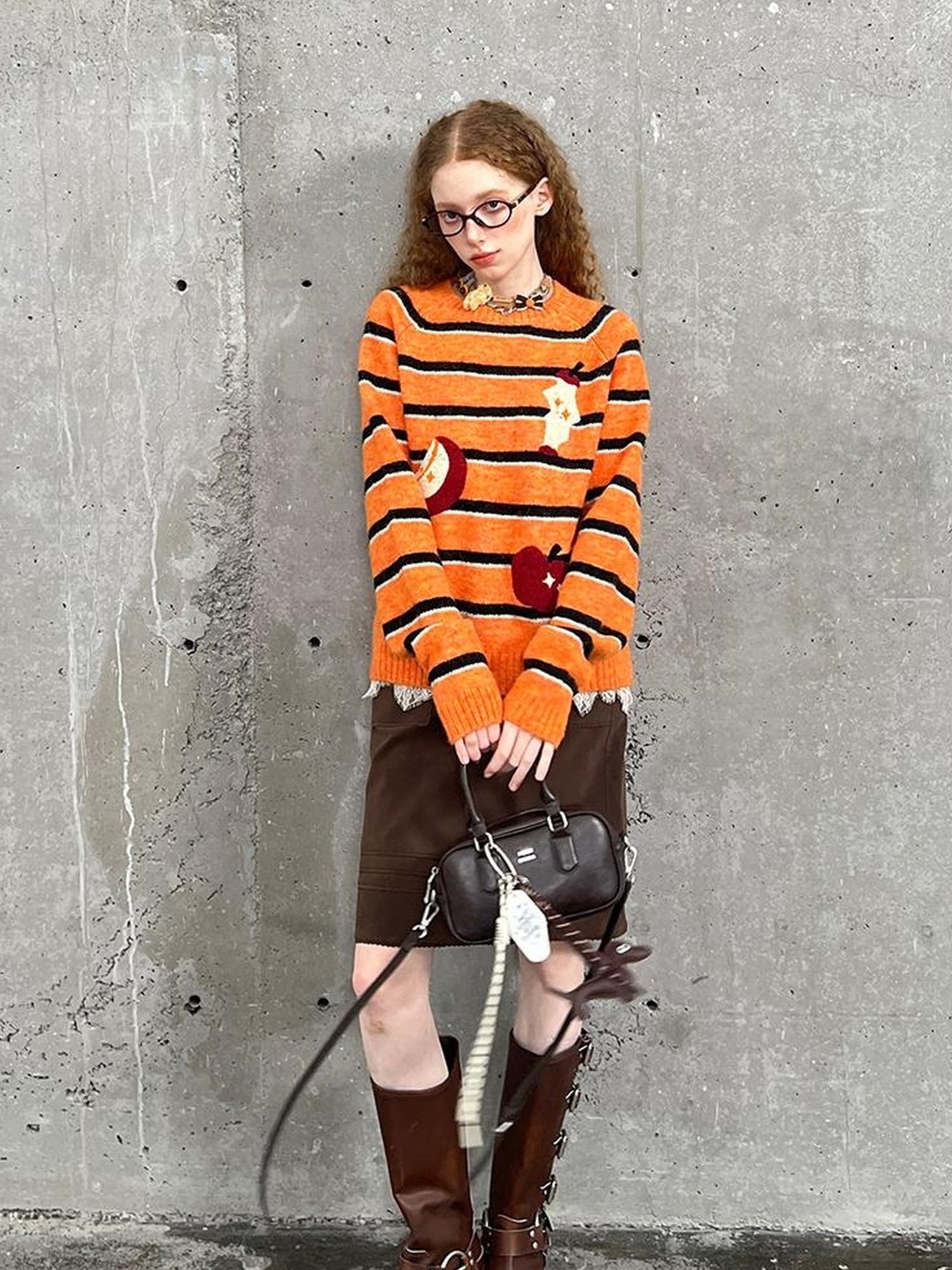 DIDDI MODA Vintage Apple Embroidered Striped Mohair Sweater
