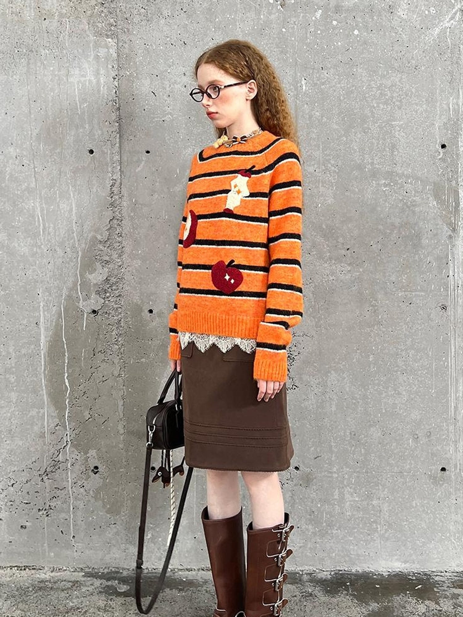 DIDDI MODA Vintage Apple Embroidered Striped Mohair Sweater