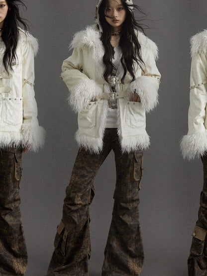 Vintage Baroque White Collar Fluffy Long Coat Outerwear