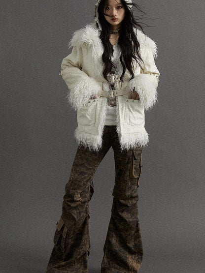 Vintage Baroque White Collar Fluffy Long Coat Outerwear