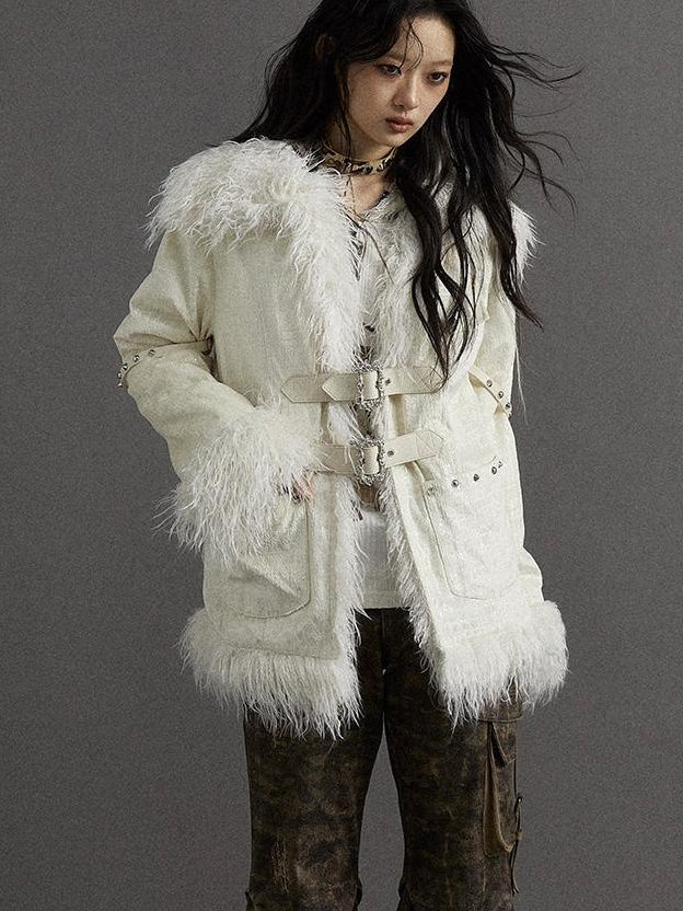 Vintage Baroque White Collar Fluffy Long Coat Outerwear