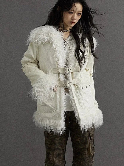 Vintage Baroque White Collar Fluffy Long Coat Outerwear