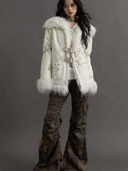 Vintage Baroque White Collar Fluffy Long Coat Outerwear