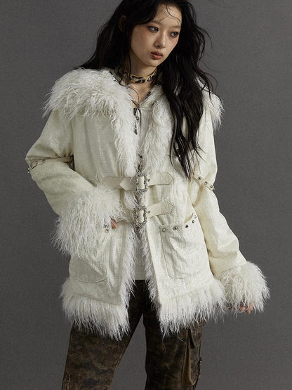 Vintage Baroque White Collar Fluffy Long Coat Outerwear