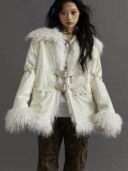 Vintage Baroque White Collar Fluffy Long Coat Outerwear