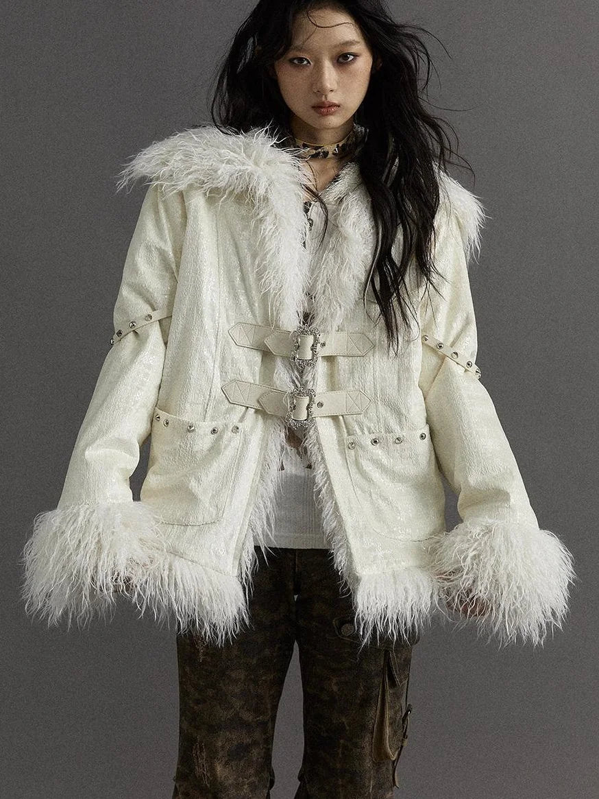 Vintage Baroque White Collar Fluffy Long Coat Outerwear