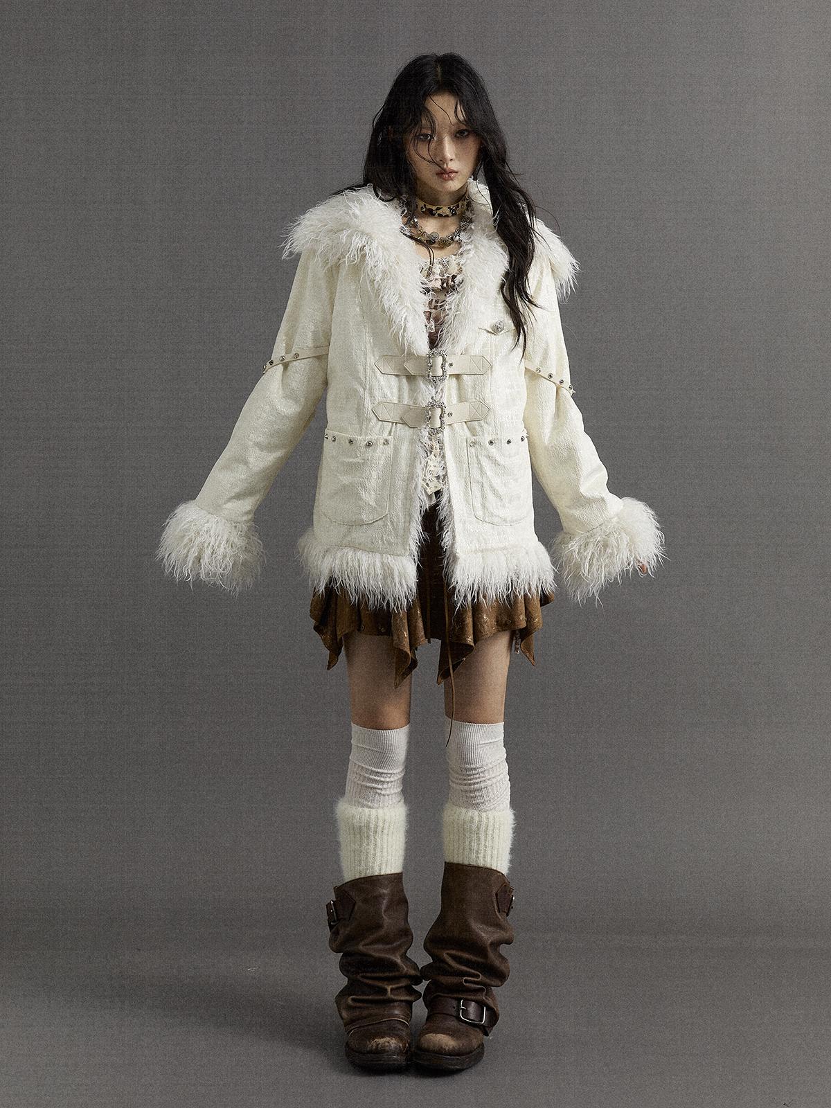 Vintage Baroque White Collar Fluffy Long Coat Outerwear
