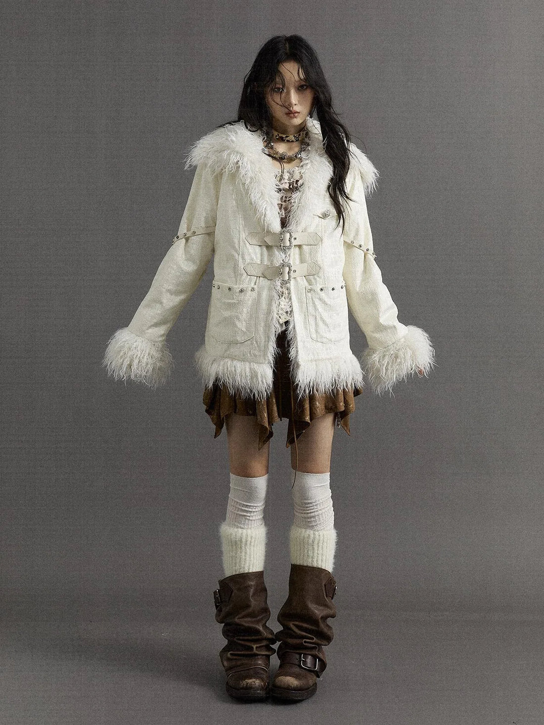 Vintage Baroque White Collar Fluffy Long Coat Outerwear
