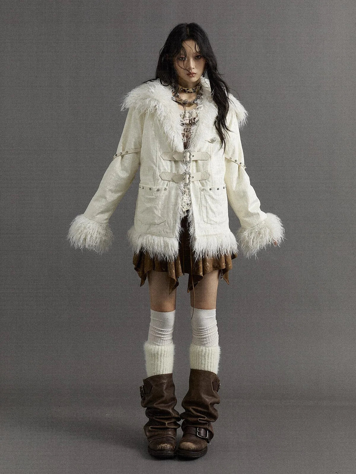 Vintage Baroque White Collar Fluffy Long Coat Outerwear