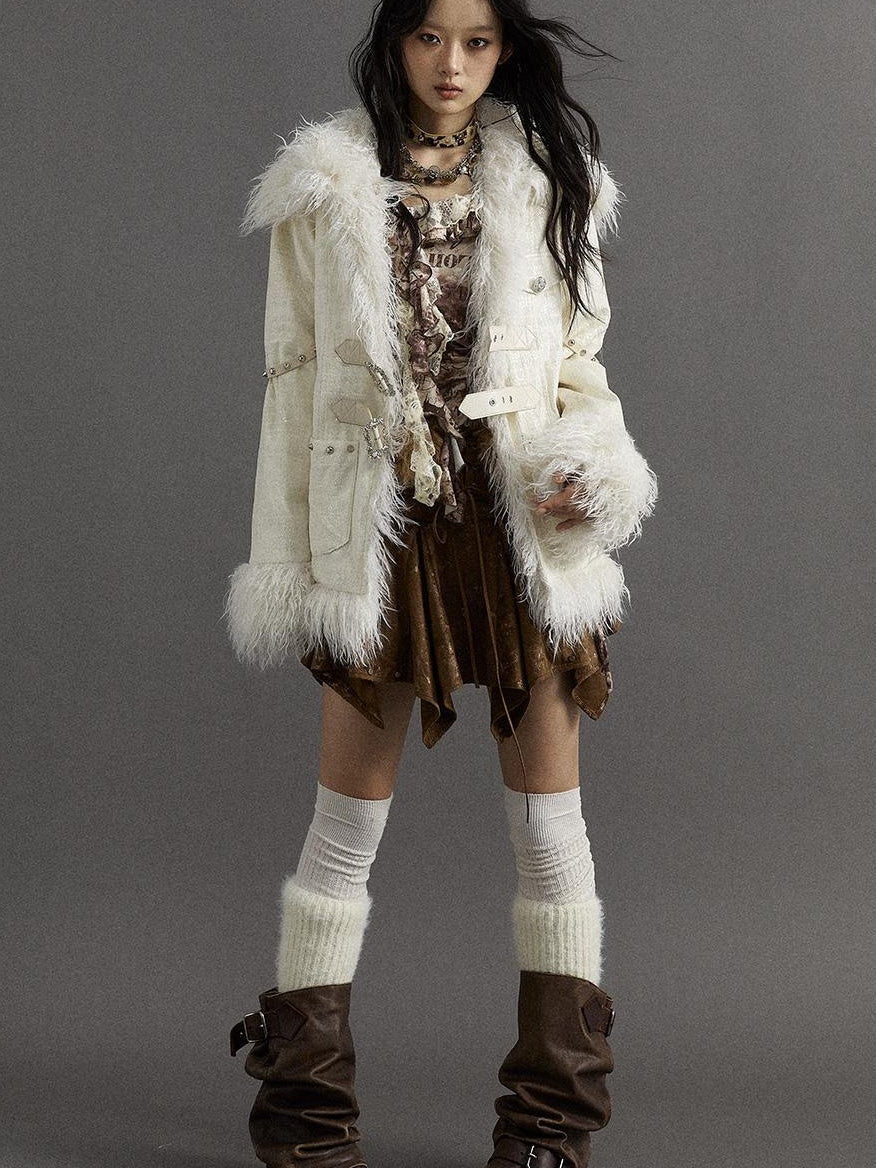 Vintage Baroque White Collar Fluffy Long Coat Outerwear