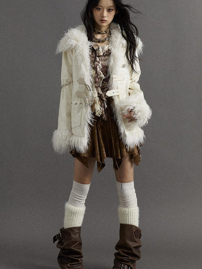 Vintage Baroque White Collar Fluffy Long Coat Outerwear