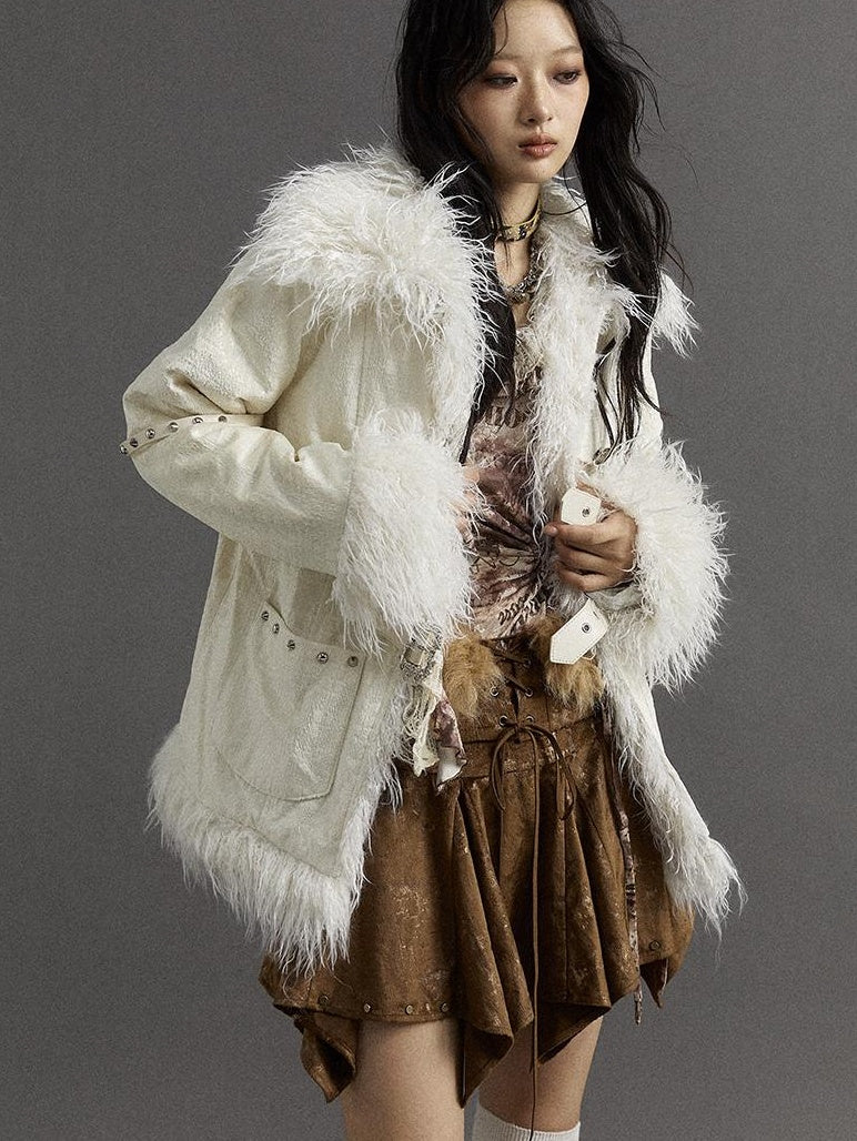Vintage Baroque White Collar Fluffy Long Coat Outerwear