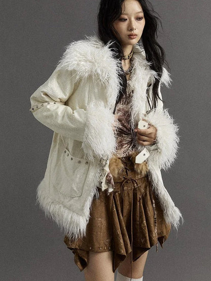Vintage Baroque White Collar Fluffy Long Coat Outerwear
