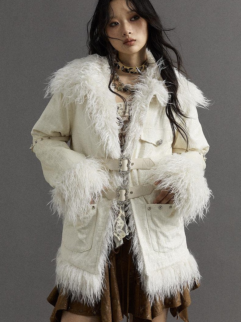 Vintage Baroque White Collar Fluffy Long Coat Outerwear