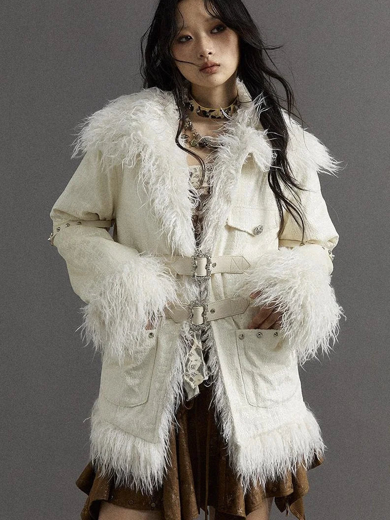 Vintage Baroque White Collar Fluffy Long Coat Outerwear