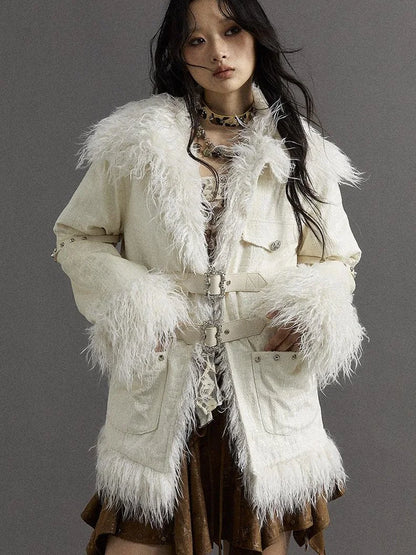 Vintage Baroque White Collar Fluffy Long Coat Outerwear