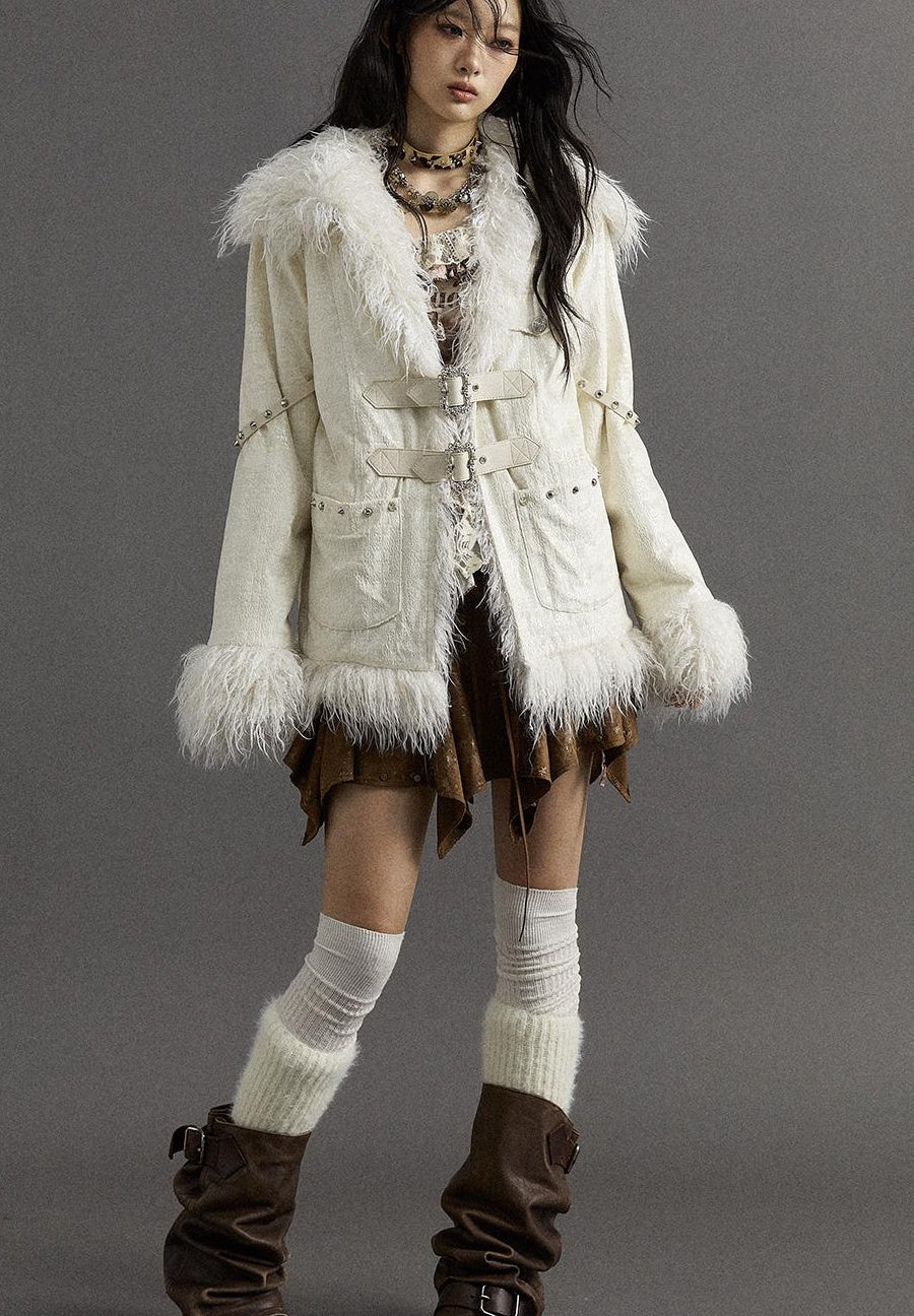 Vintage Baroque White Collar Fluffy Long Coat Outerwear