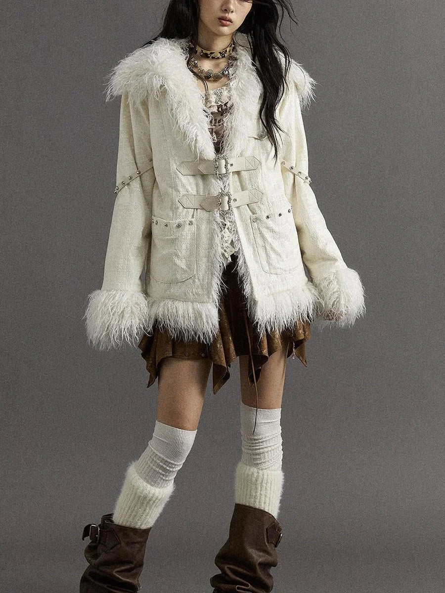 Vintage Baroque White Collar Fluffy Long Coat Outerwear