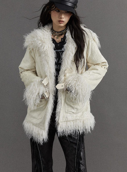 Vintage Baroque White Collar Fluffy Long Coat Outerwear