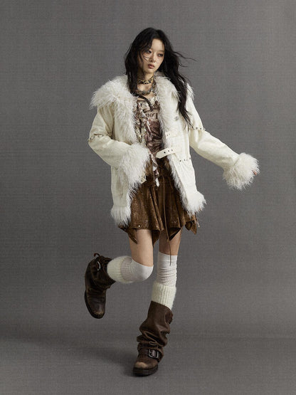 Vintage Baroque White Collar Fluffy Long Coat Outerwear
