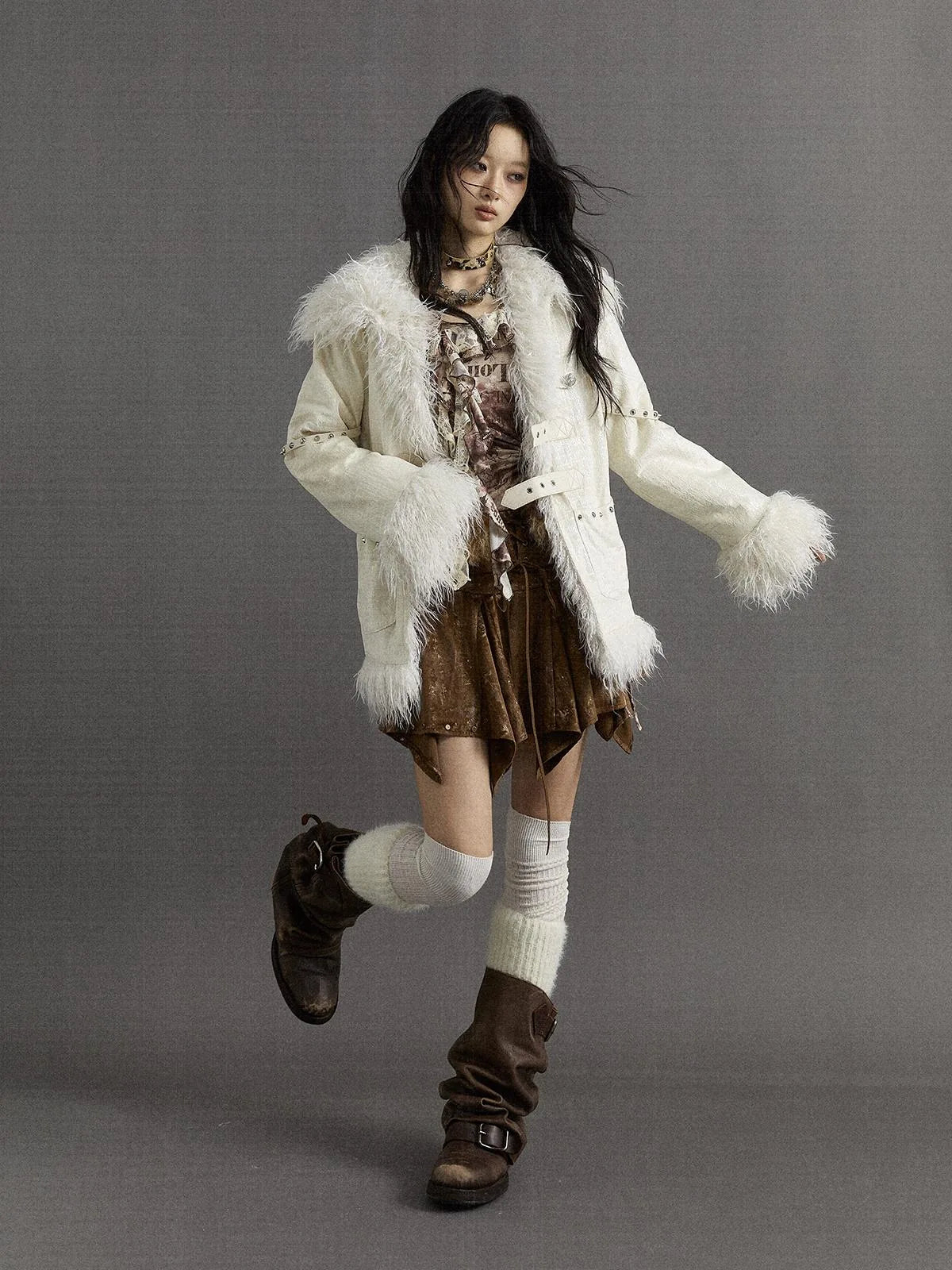 Vintage Baroque White Collar Fluffy Long Coat Outerwear