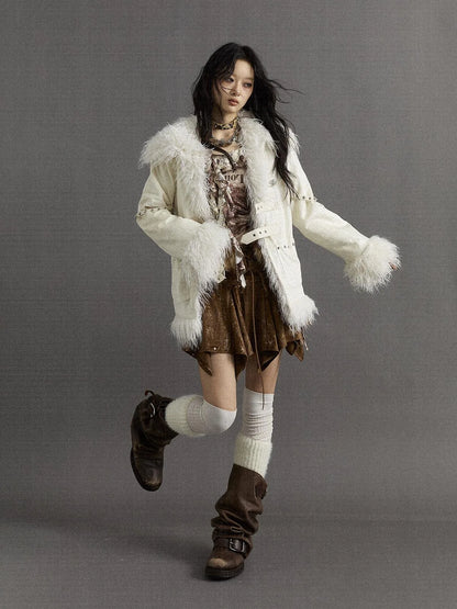 Vintage Baroque White Collar Fluffy Long Coat Outerwear