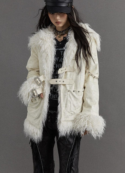 Vintage Baroque White Collar Fluffy Long Coat Outerwear