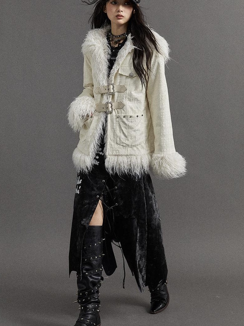 Vintage Baroque White Collar Fluffy Long Coat Outerwear