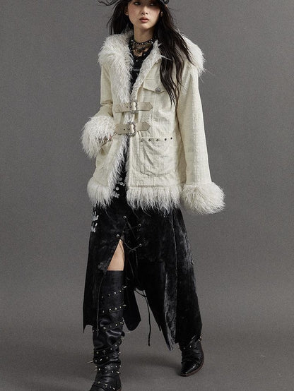 Vintage Baroque White Collar Fluffy Long Coat Outerwear