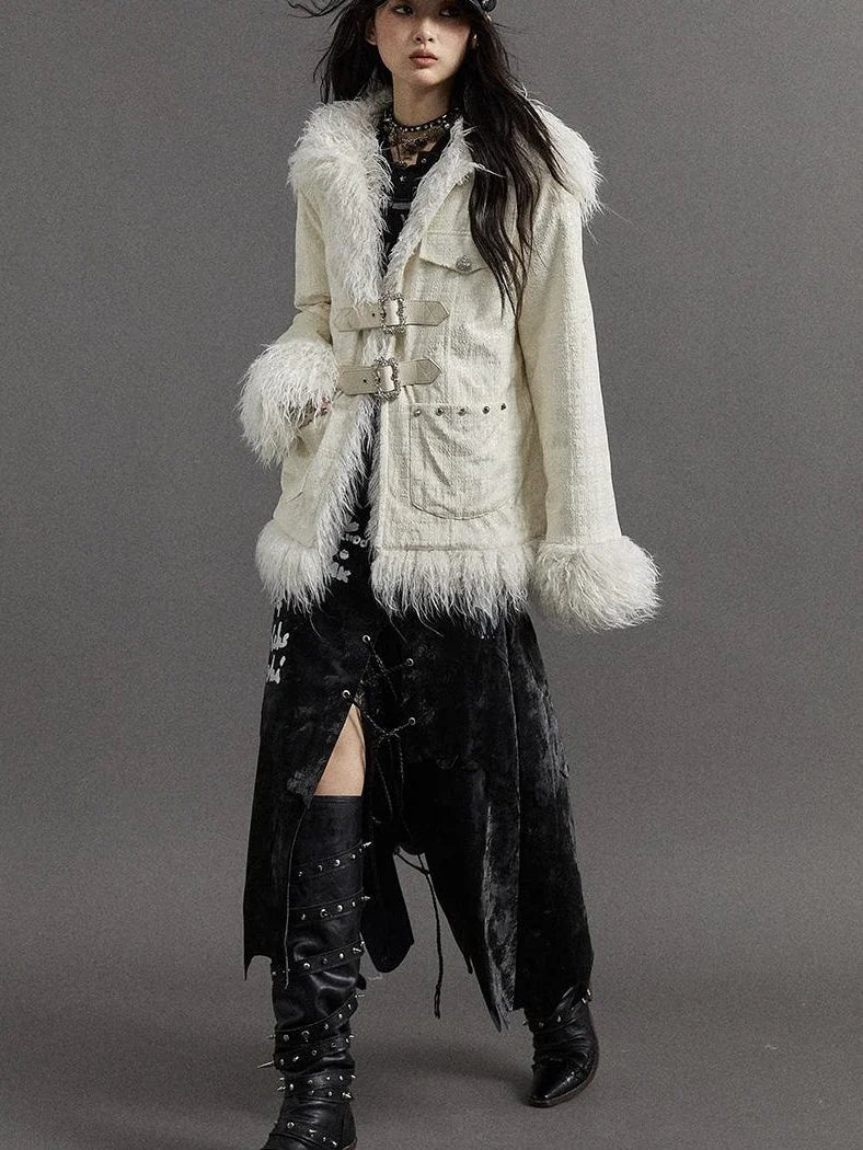 Vintage Baroque White Collar Fluffy Long Coat Outerwear