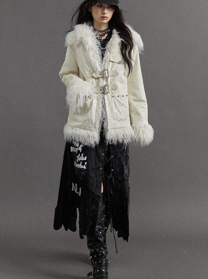 Vintage Baroque White Collar Fluffy Long Coat Outerwear