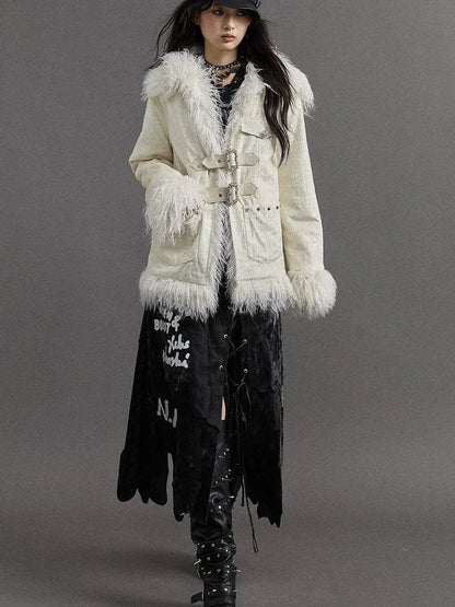 Vintage Baroque White Collar Fluffy Long Coat Outerwear
