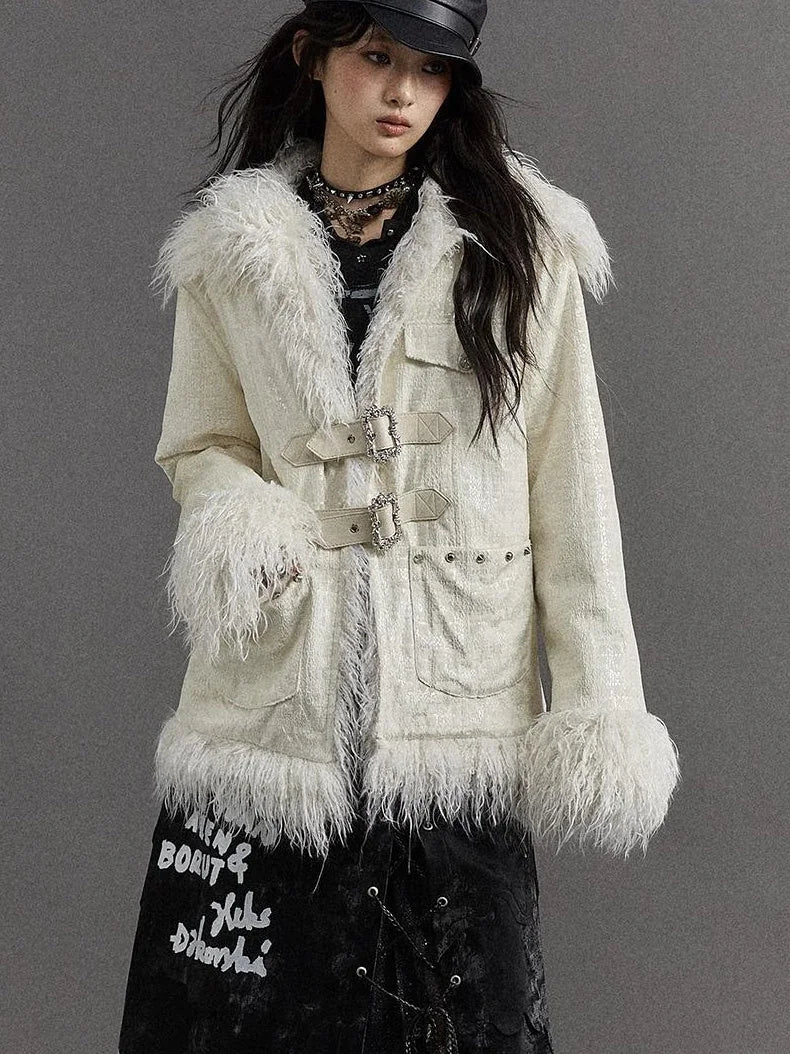 Vintage Baroque White Collar Fluffy Long Coat Outerwear