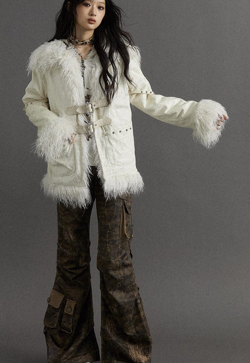 Vintage Baroque White Collar Fluffy Long Coat Outerwear