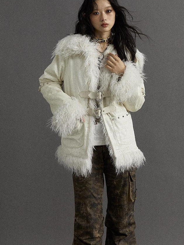 Vintage Baroque White Collar Fluffy Long Coat Outerwear