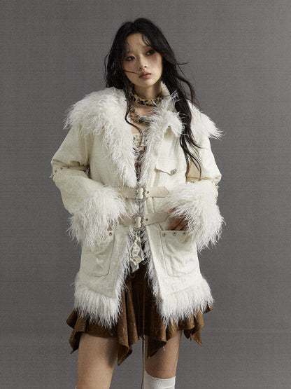 Vintage Baroque White Collar Fluffy Long Coat Outerwear