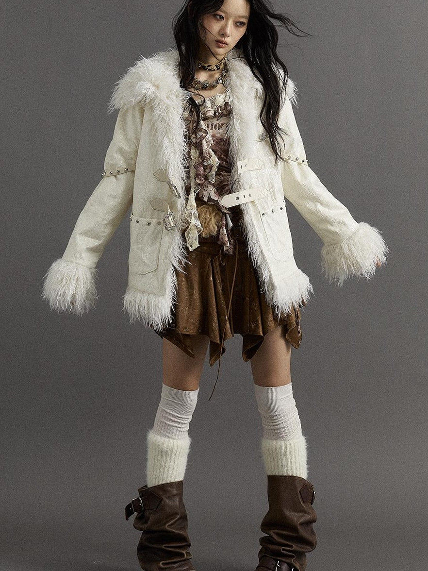 Vintage Baroque White Collar Fluffy Long Coat Outerwear