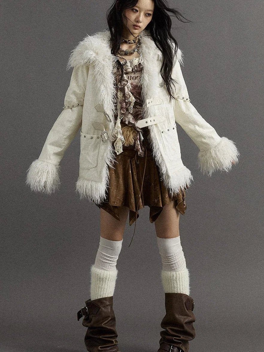 Vintage Baroque White Collar Fluffy Long Coat Outerwear