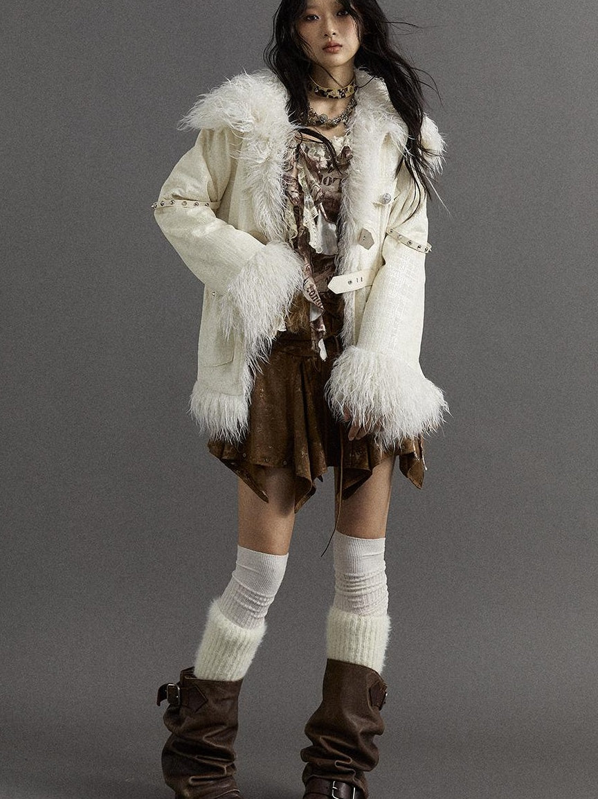 Vintage Baroque White Collar Fluffy Long Coat Outerwear