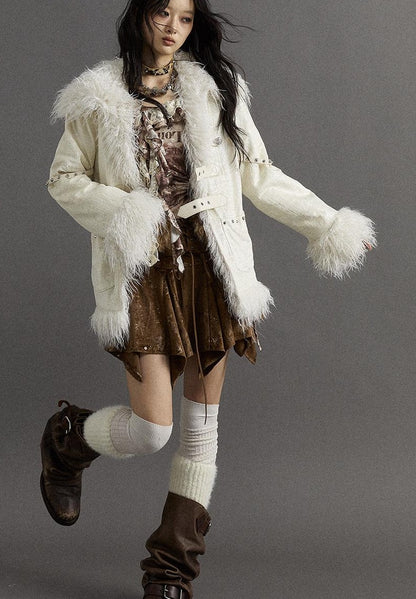 Vintage Baroque White Collar Fluffy Long Coat Outerwear