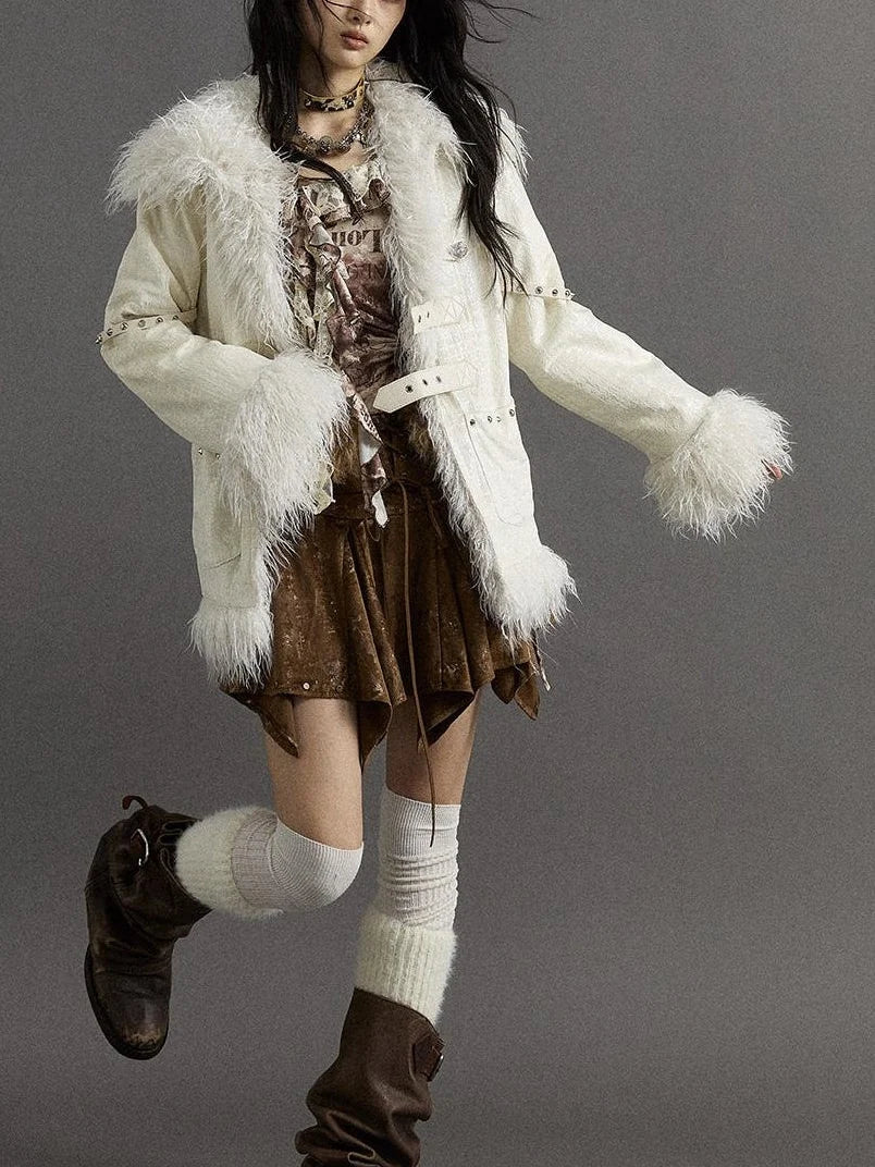 Vintage Baroque White Collar Fluffy Long Coat Outerwear