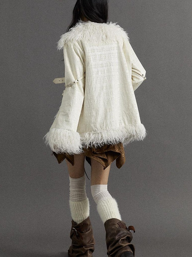 Vintage Baroque White Collar Fluffy Long Coat Outerwear