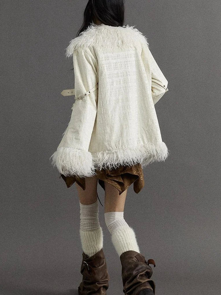 Vintage Baroque White Collar Fluffy Long Coat Outerwear