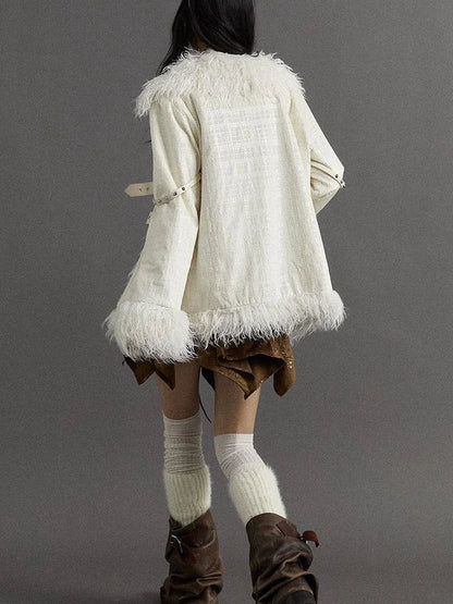 Vintage Baroque White Collar Fluffy Long Coat Outerwear