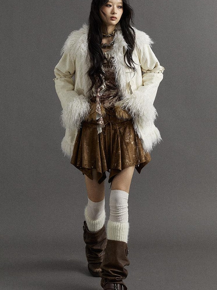Vintage Baroque White Collar Fluffy Long Coat Outerwear