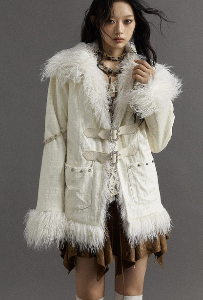 Vintage Baroque White Collar Fluffy Long Coat Outerwear