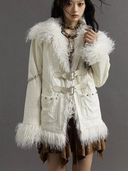 Vintage Baroque White Collar Fluffy Long Coat Outerwear