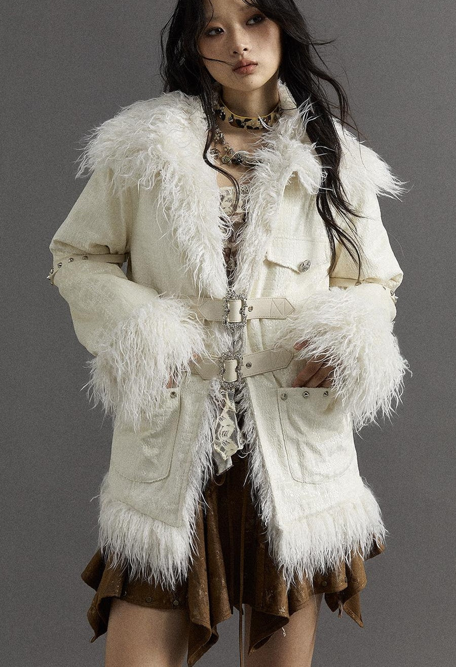 Vintage Baroque White Collar Fluffy Long Coat Outerwear