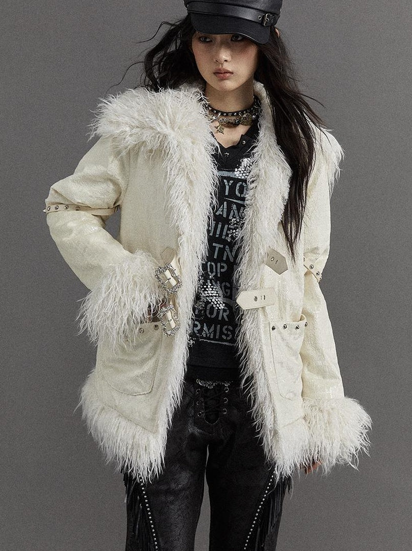 Vintage Baroque White Collar Fluffy Long Coat Outerwear